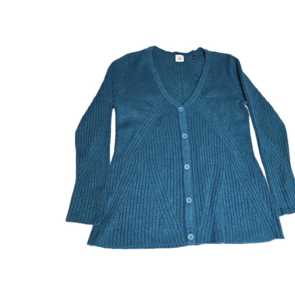 CABI Deco Button Front Cardigan V-Neck‎ Teal Green  Blue L Layer Preppy